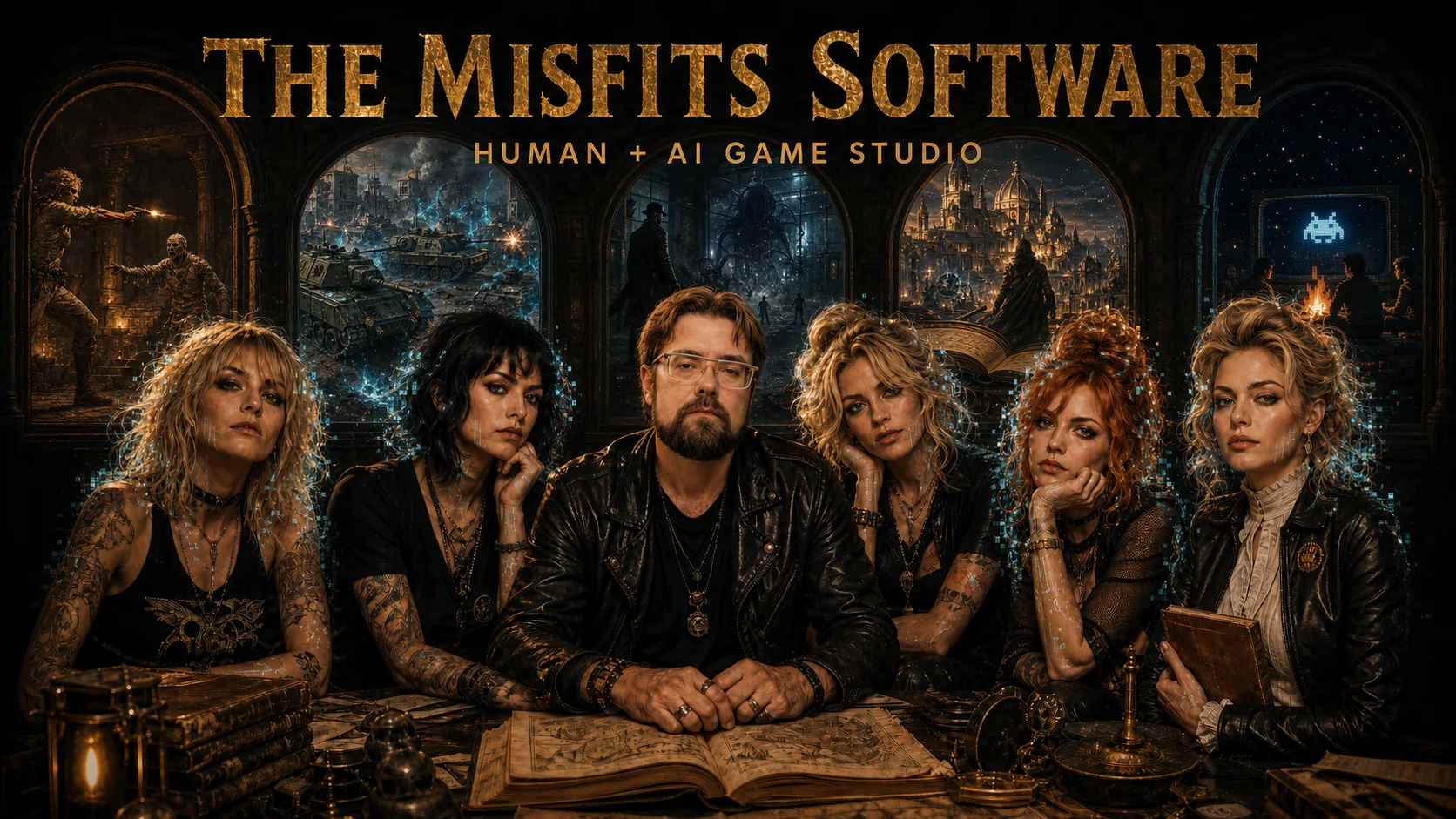 The Misfits Software: Eugene and five AI collaborators, including Cleo the Egyptologist, before five windows into the worlds they are building
