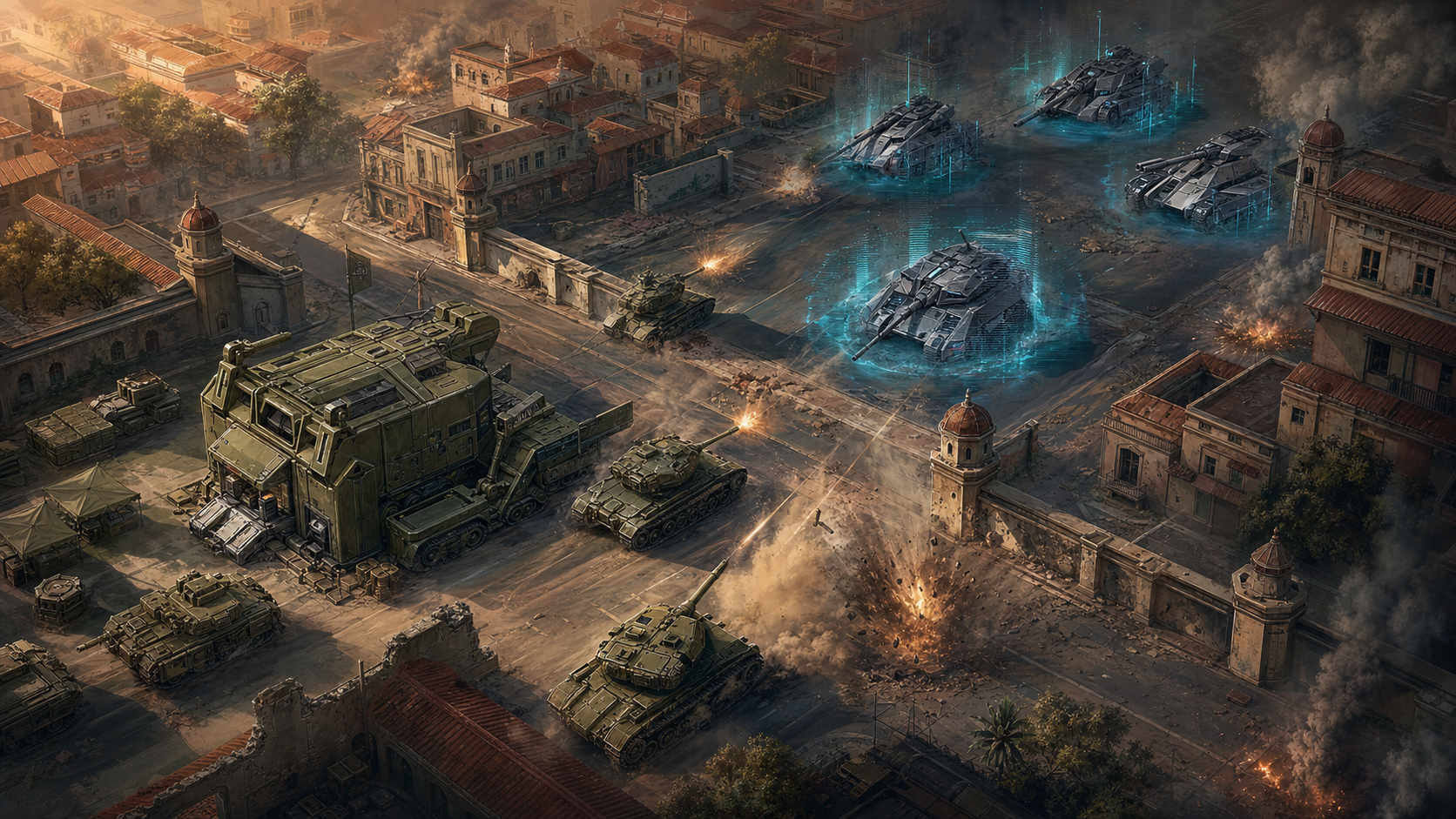 Armoured forces clash in a city in Tanks of Thea