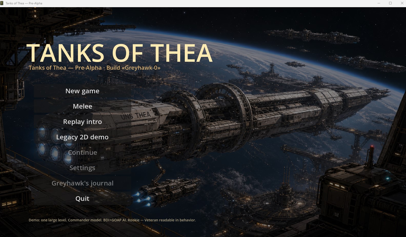 Tanks of Thea main menu with Colonel Greyhawk and armoured vehicles